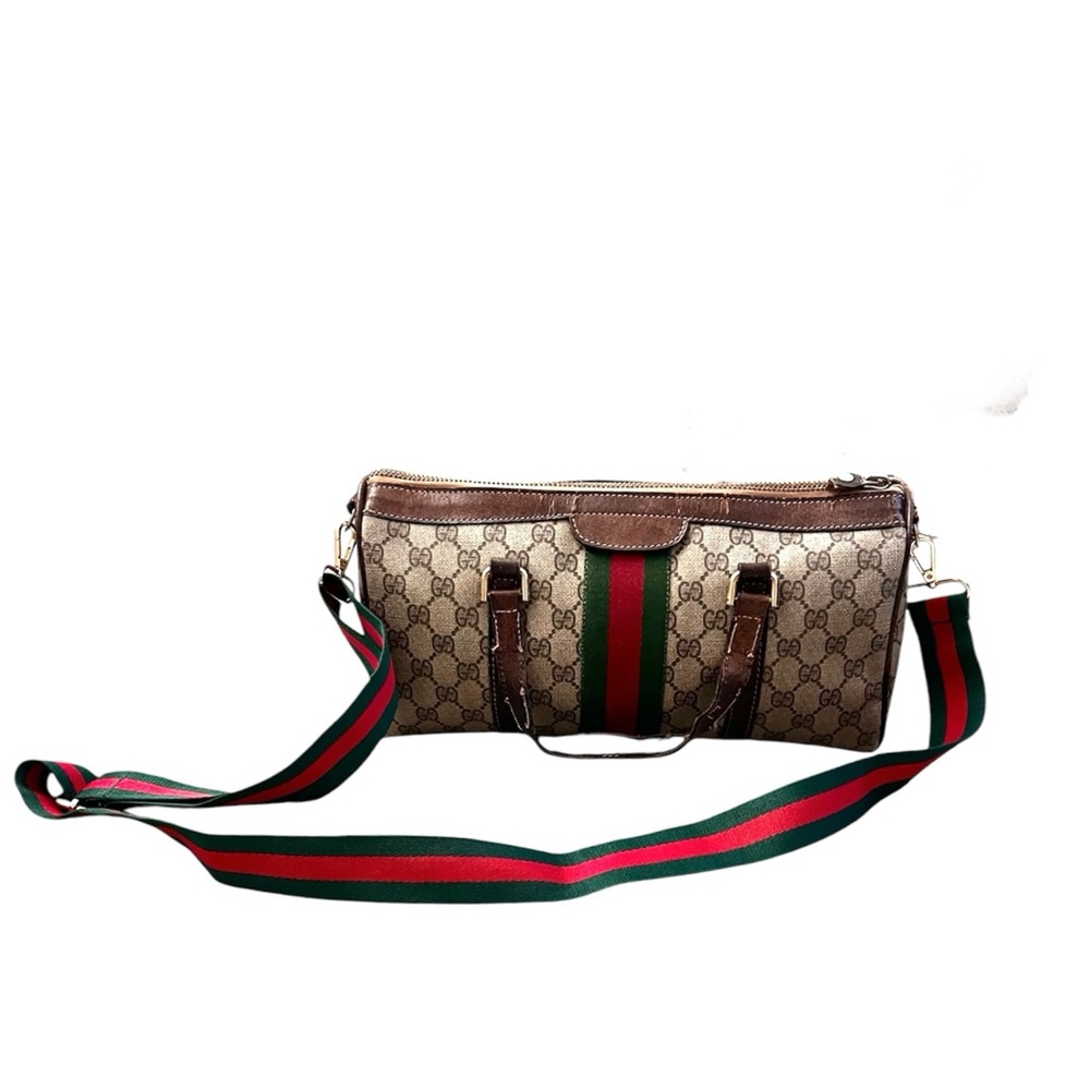 Gucci Beige GG Supreme Canvas Travel Duffle with Green-Red Stripe - Picture 2 of 13